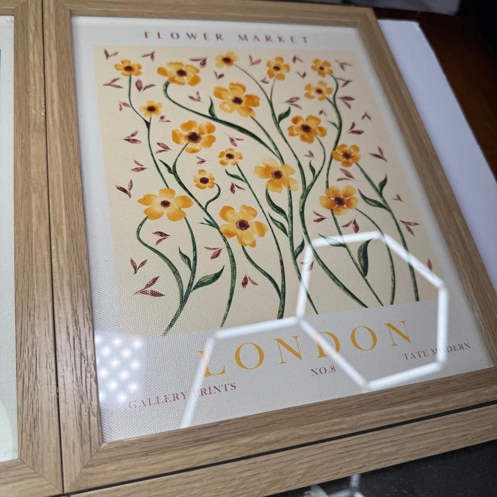 Room Essentials Thin‎ Wood Grain Photo Frames 8x10 Set of 6 w/ Floral Art Prints